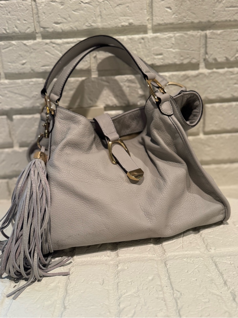 G.I.L.I. Pebbled Leather Tote in Light Gray with Tassel